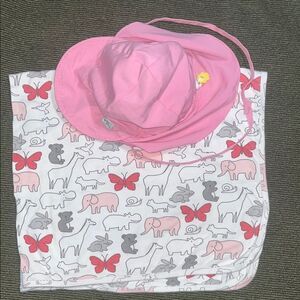 Pink Kids Sun Hat and Animal Print Blanket Set